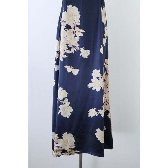 Shun Da Chinese 100% Silk Floral Printed Midi Dress Navy Blue Cream - Picture 3 of 12